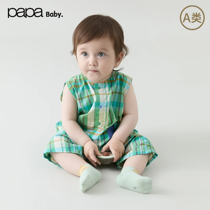 papa爬爬宝宝格纹无袖连体衣夏装婴儿