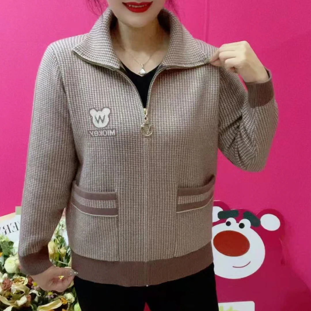 春秋季时尚宽松短款拉链针织衫妈妈外套显瘦洋气