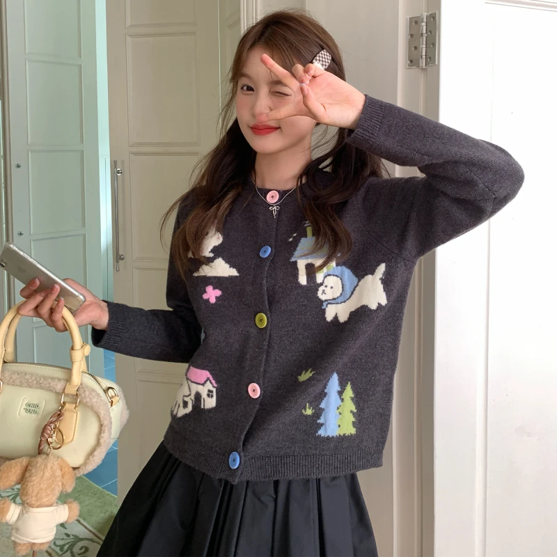 东京岁时记jk秋冬新款针织小狗开衫灰色毛衣小个子多色纽扣外套女