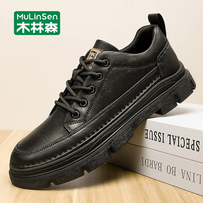 木林森板鞋男秋季2025新款英伦风男士皮鞋耐磨马丁靴男低帮休闲鞋