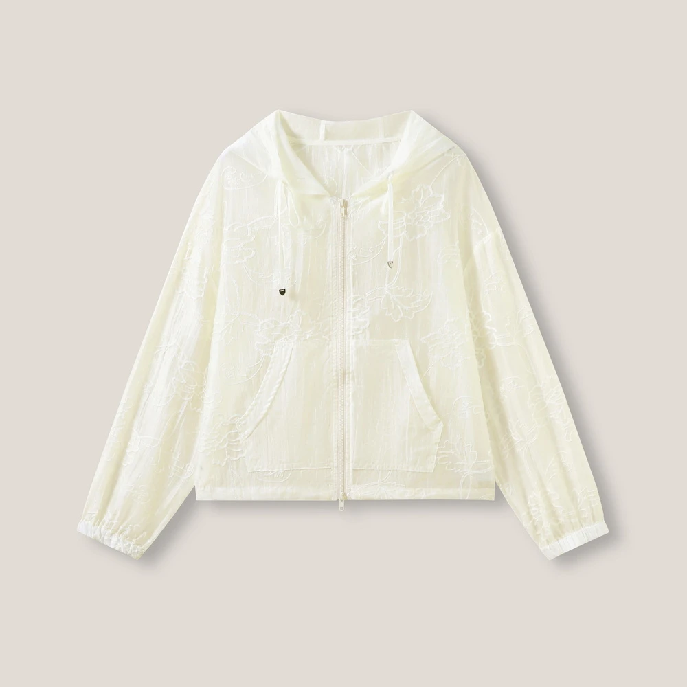 女士户外长袖薄款绣花抽绳连帽拉链外套MD26140