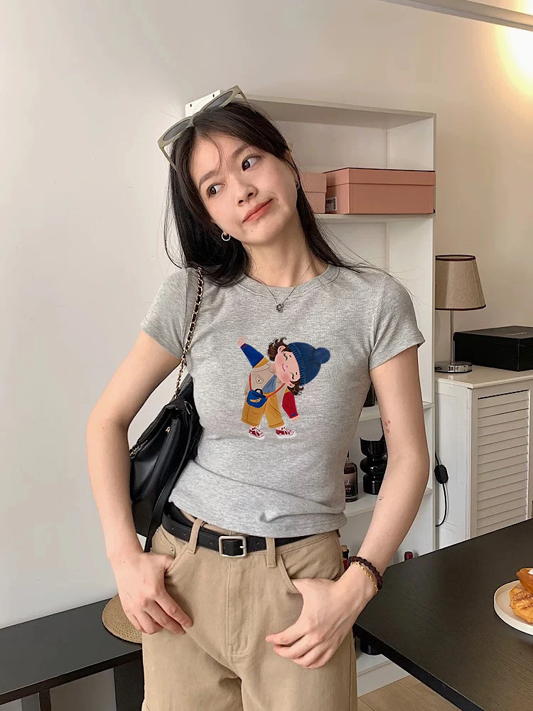 纯欲辣妹百搭显瘦高级灰色T恤女纯色正肩圆领短袖修身基础款上衣