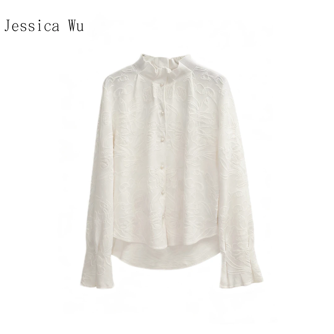 JESSICA WU法式优雅提花立领精致褶皱弧形下摆打底衬衫2599Y01018