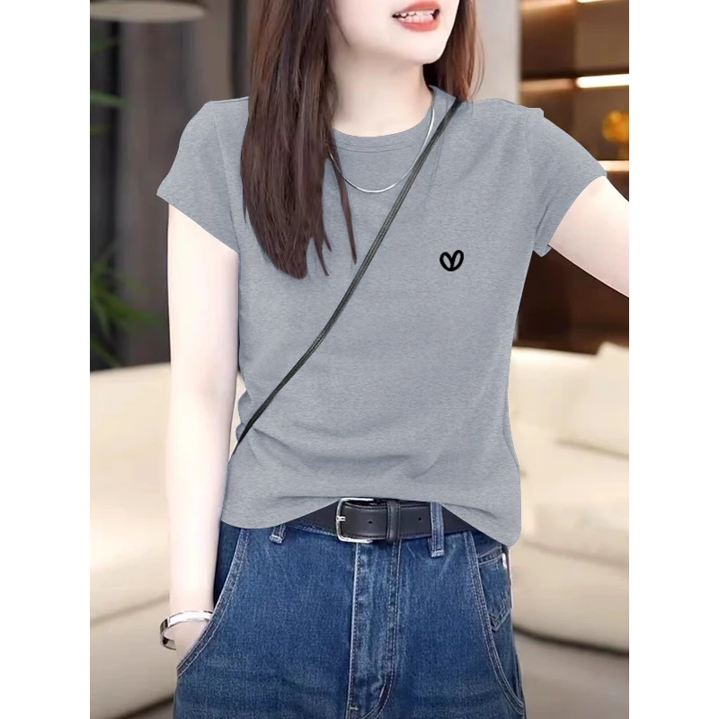 2025夏季正肩体恤纯棉圆领短袖t恤女装时尚百搭显瘦洋气灰色上衣