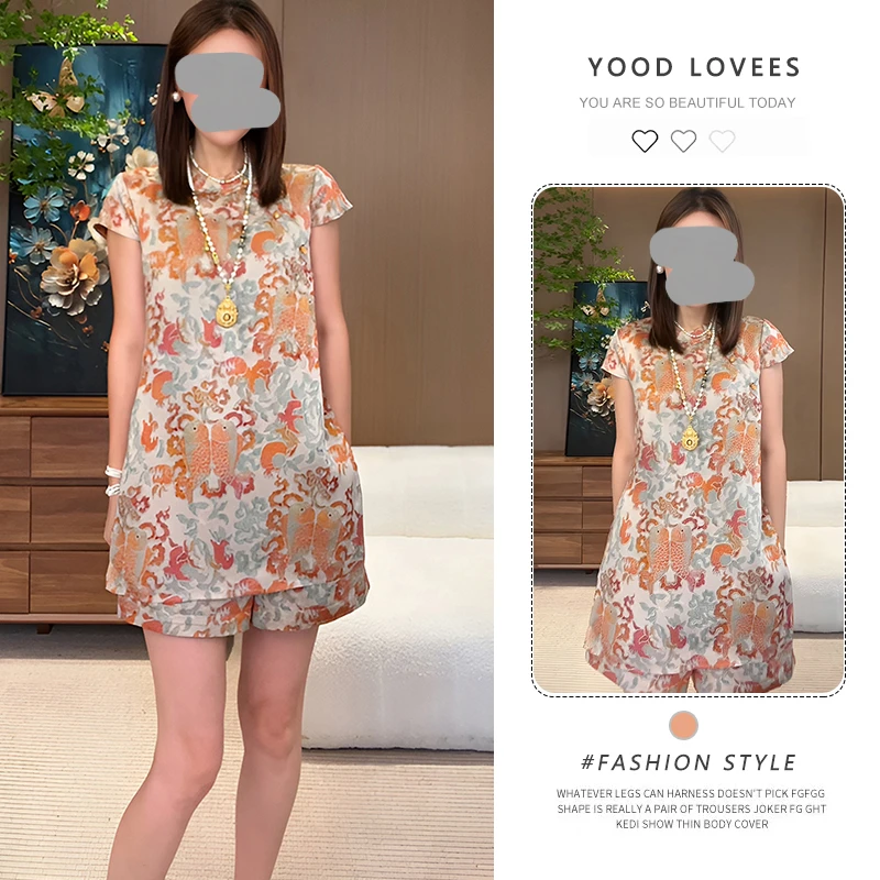 2025国风锦鲤报福印花右襟新中式上衣显瘦短裤夏季时尚两件套套装