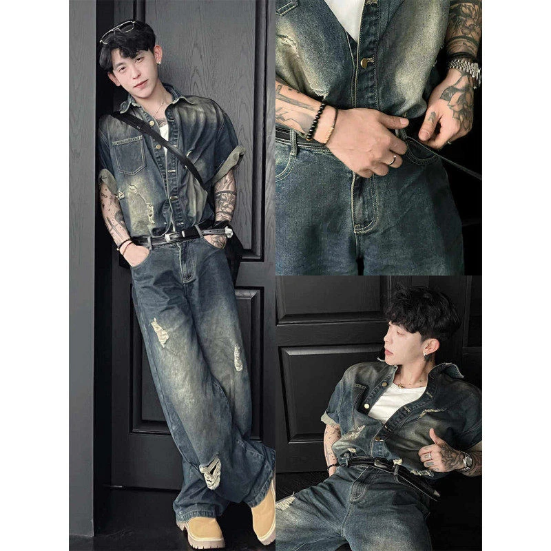 2025夏季新品美式复古水洗破洞短袖牛仔衬衫套装男痞帅休闲长裤