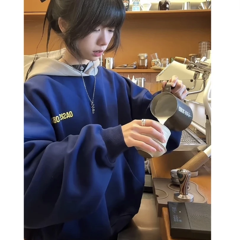 Oaoo美式撞色拼接连帽卫衣男春季高级感潮牌重磅印花情侣帽衫上衣