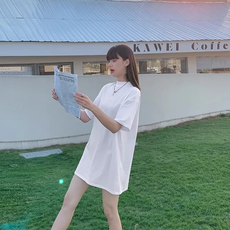 白色半高领大码棉质T恤女宽松遮跨中长款夏季短袖女中高领打底t恤