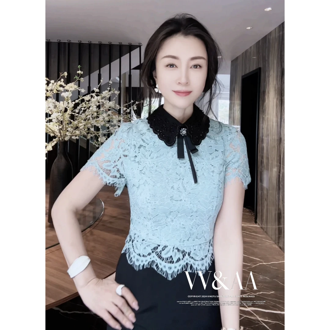 VV&AA 春夏手工钉珠蕾丝拼接时尚精致洋气连衣裙 GJ4333