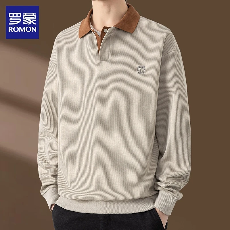 罗蒙休闲卫衣男款爆款2025新款翻领长袖时尚潮流t恤套头上衣男装