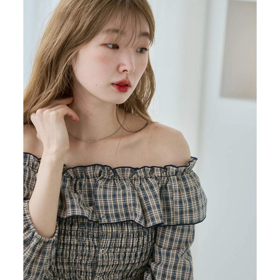 【Montendre】K 夏季新款 露肩甜美泡泡袖衬衫一字肩褶皱设计感上衣