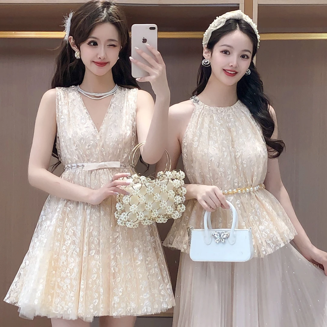 艾日秀知性风挂脖露肩遮肉显瘦上衣网纱A字半身裙两件套装 F0305