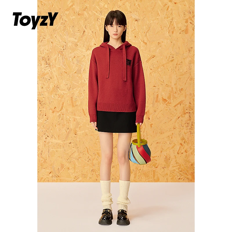 ToyzY25春新款安可拉红羊毛混纺慵懒针织连帽卫衣女ZC35106280