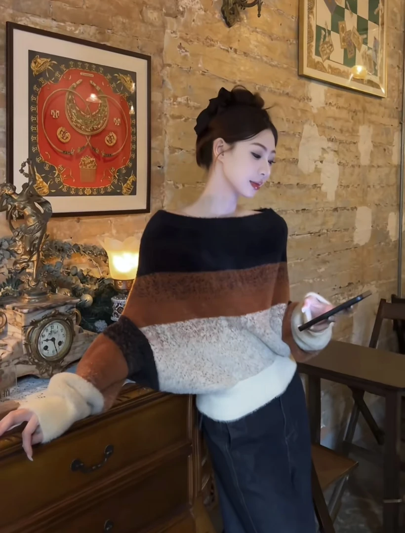 望野集Widset2025新款秋冬高克重慵懒风黑橘配色百搭女毛衣1010#