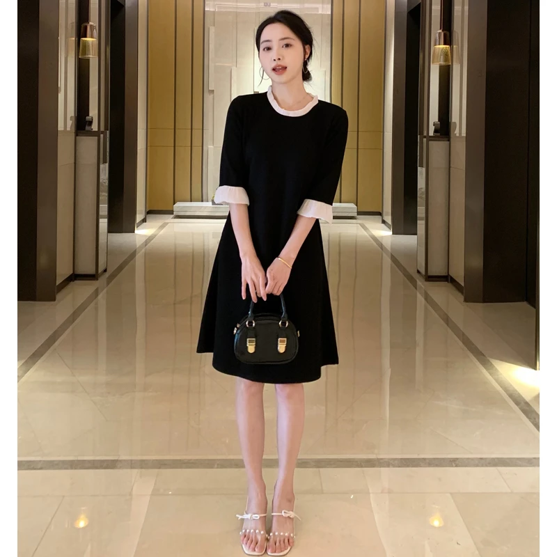 【墨墨家】2025春夏新款时尚小黑裙气质圆领拼接显瘦连衣裙#886
