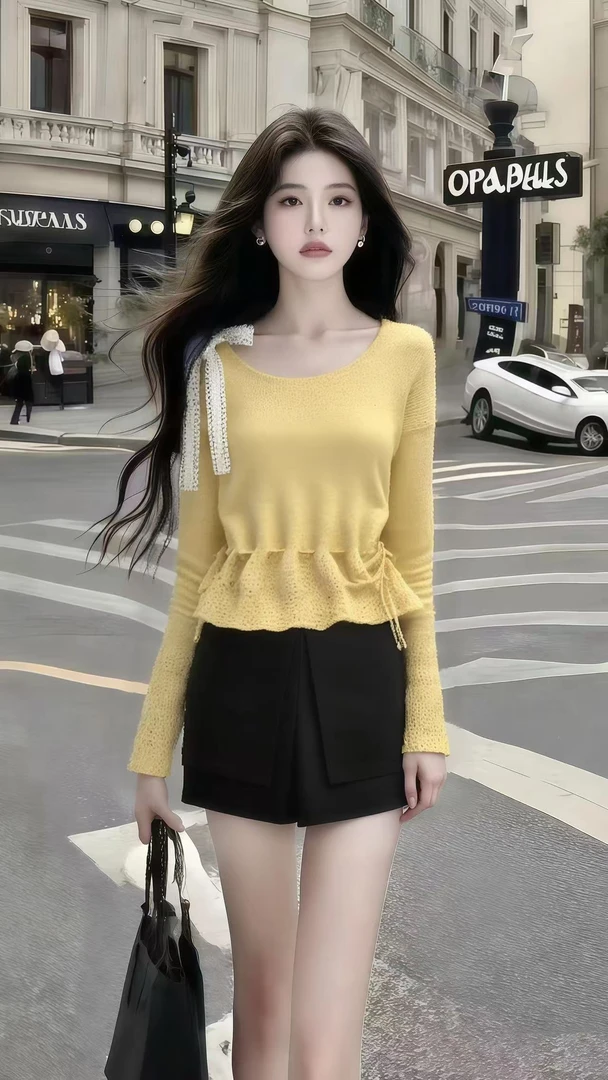 韩版新款慵懒氛围感穿搭黄色圆领蝴蝶结绑带长袖上衣+黑色短裤女