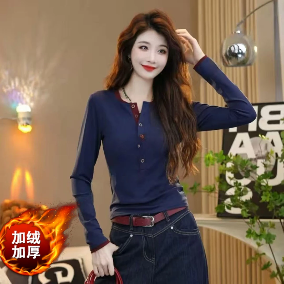 2025秋季新款假两件长袖加绒扣正肩T恤女装修身显瘦打底衫上衣