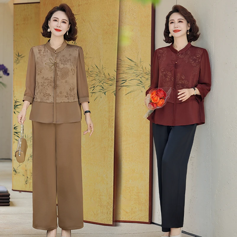 新款妈妈装两件套春夏款时尚百搭气质显瘦款中年妈妈装新中式