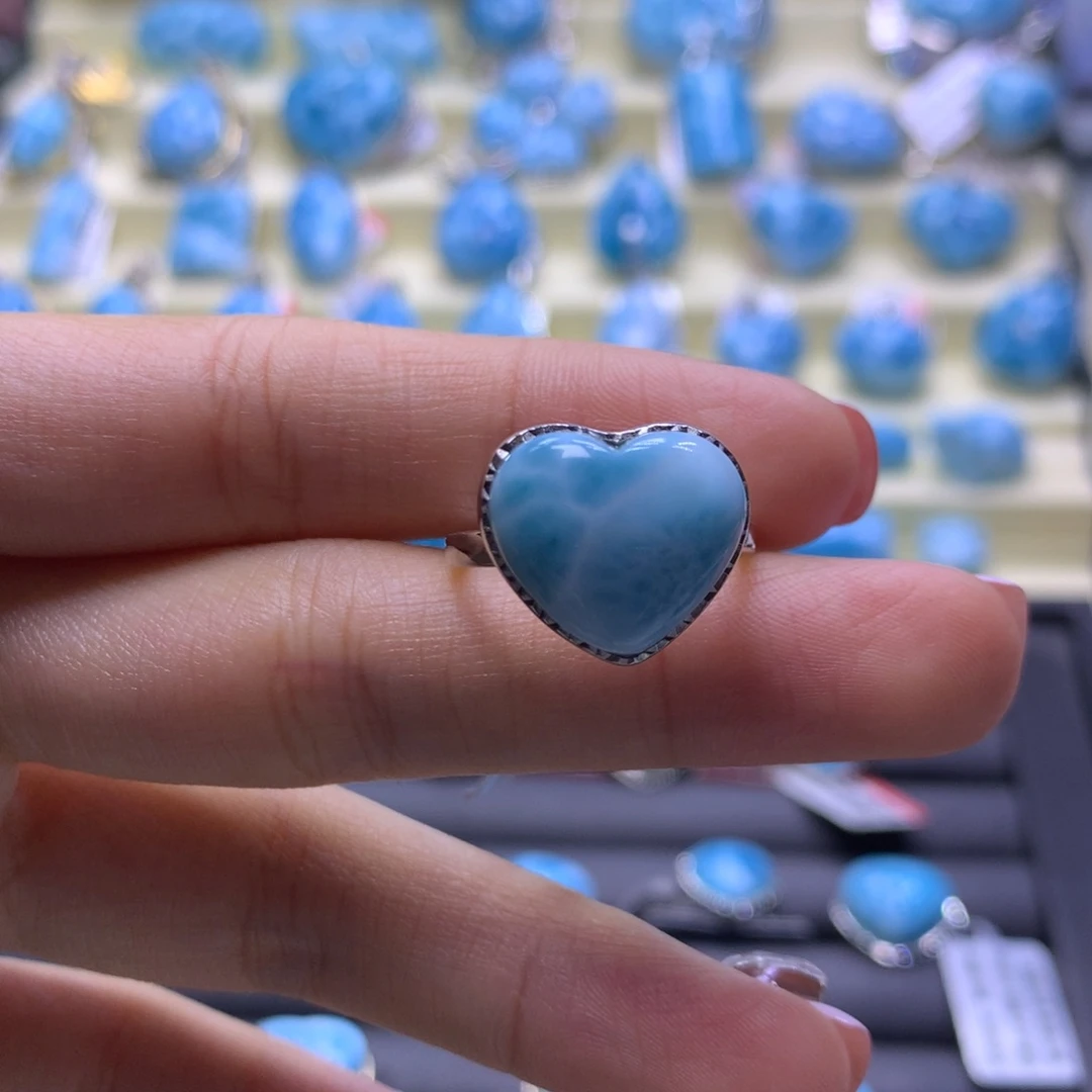 针钠钙石（海纹石）银S925镶嵌戒指爱心戒指色差略异