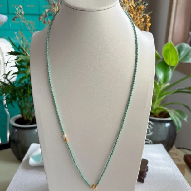 299天然绿松石小米珠S925银镀金项链2mm，长约58cm
