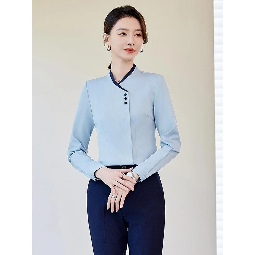 中式餐饮酒店前台服务员工作服白衬衣职业衬衫套装女春秋客服工装