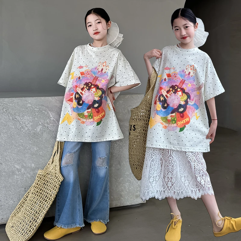 儿童T恤女短袖夏装洋气女童波点上衣中大童韩版卡通印花圆领半袖