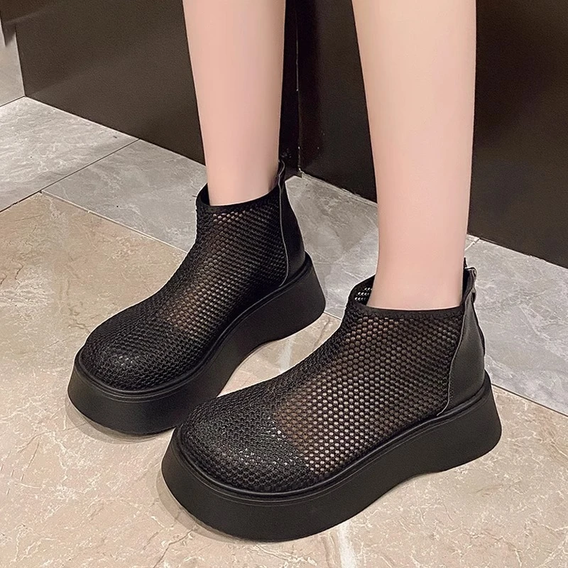 网红厚底薄款网纱松糕底凉鞋女夏季新款百搭镂空高帮洞洞休闲女鞋