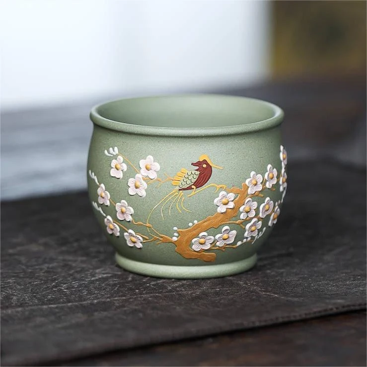 宜兴紫砂豆青砂泥料手工堆绘喜上眉梢双色高缸主人杯大口品茗杯