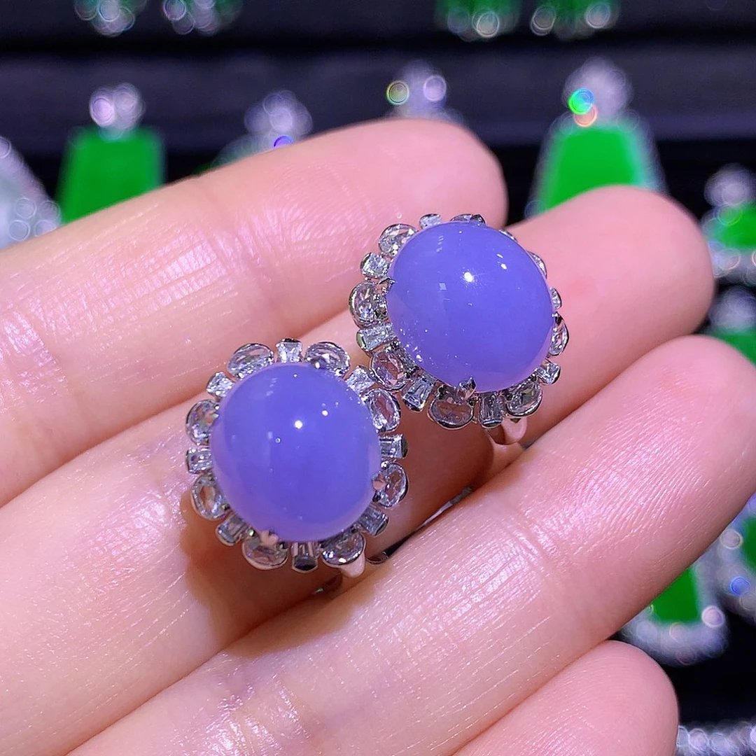 翡翠18K金镶嵌耳饰紫罗兰蛋面