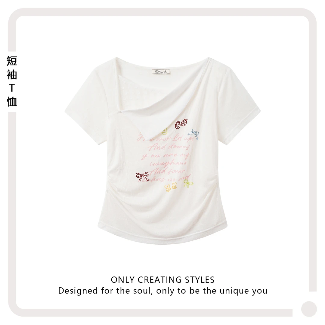 【现货】不规则蕾丝拼接领口蝴蝶结印花收腰显瘦短袖T恤罩衫薄上衣