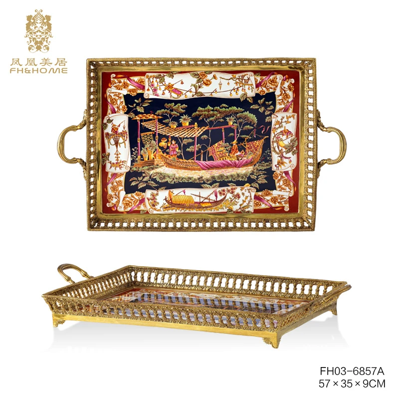 FH&HOME/凤凰美居奢华欧式铜配瓷家居饰品托盘