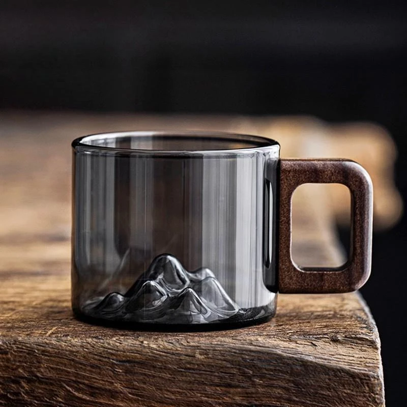 带把新中式观山烟灰玻璃茶杯家用胡桃木把防烫手品茗杯高档百搭