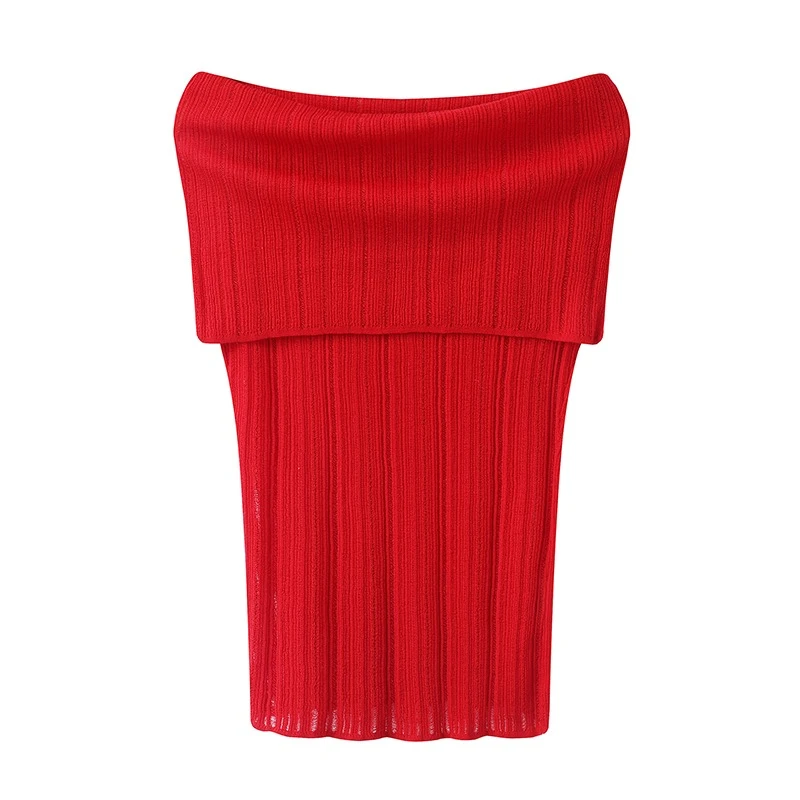 艾诺丝2025夏新款无袖打底针织衫上衣一字肩针织衫大红喜庆女8008