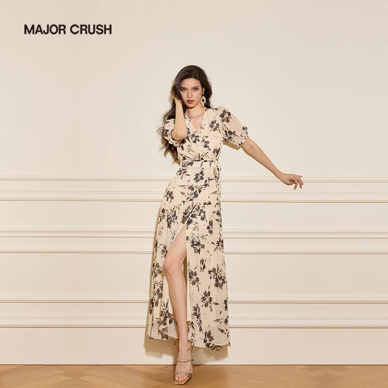 MAJOR CRUSH夏季碎花气质显瘦法式优雅收腰月落白茶印花裹裙6882