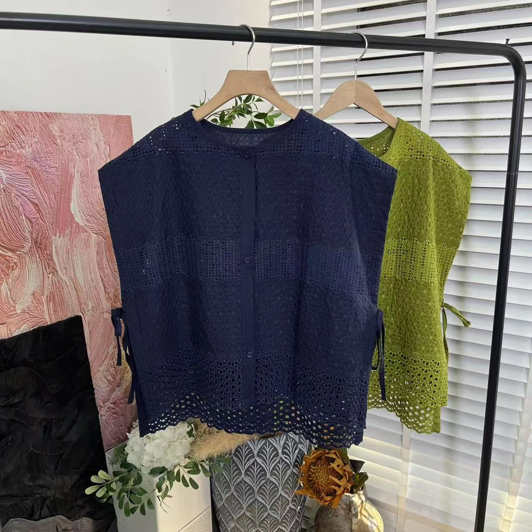 日系百搭「宽松重工刺绣」单排扣无袖搭配马夹女E5114