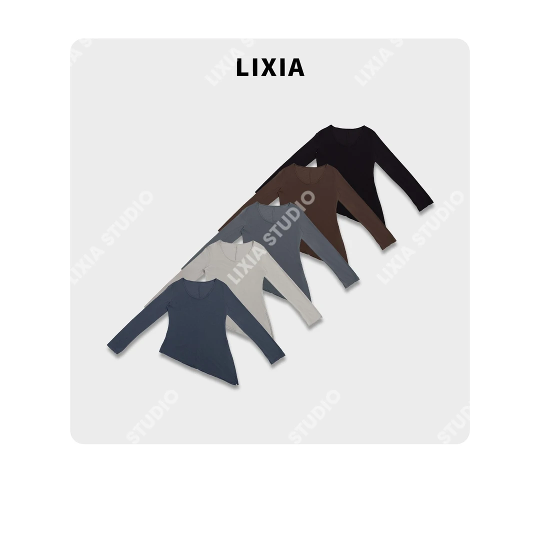 LIXIA【简爱】简约风修身纯色下摆斜边设计感长袖轻薄锁骨棉T-D8781
