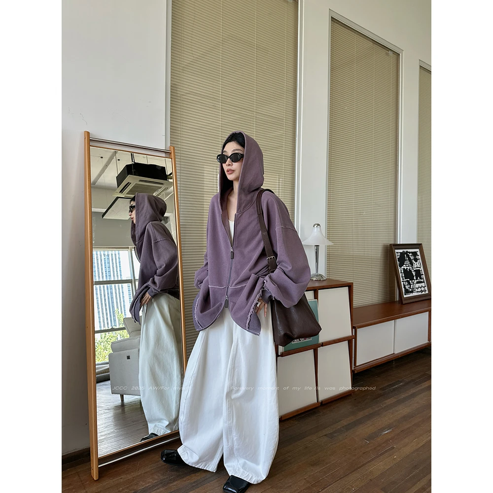 JCCC影子【芋泥奶霜】紫色毛边慵懒连帽拉链卫衣外套JE5FBW10