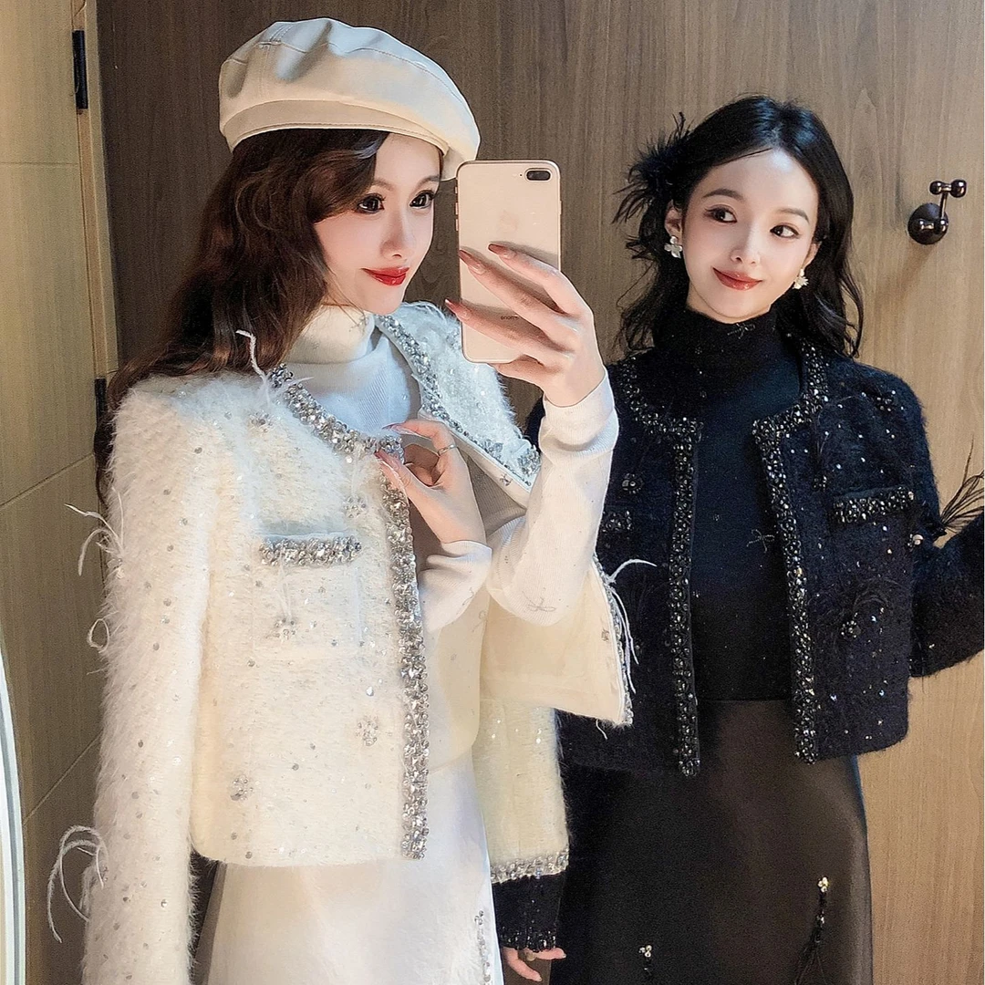 艾日秀秋季法式小香流光亮片设计毛毛流苏长袖时尚短款外套F1148