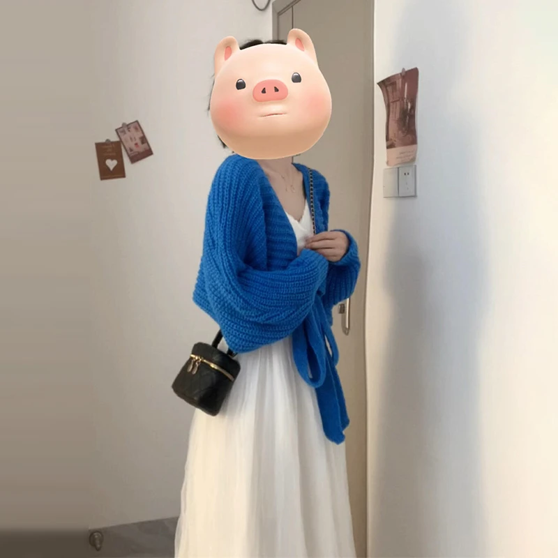 9769新款韩系氛围感穿搭白色连衣裙子女春季内搭长裙蓝色毛衣套装