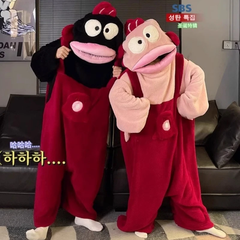 黑色丑鱼睡衣过年版连体冬季女珊瑚绒加厚情侣搞怪大嘴鱼睡袍红色