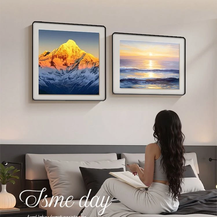 背靠金山卧室床头装饰画简约客厅背景墙挂画旭日东升餐厅山水画
