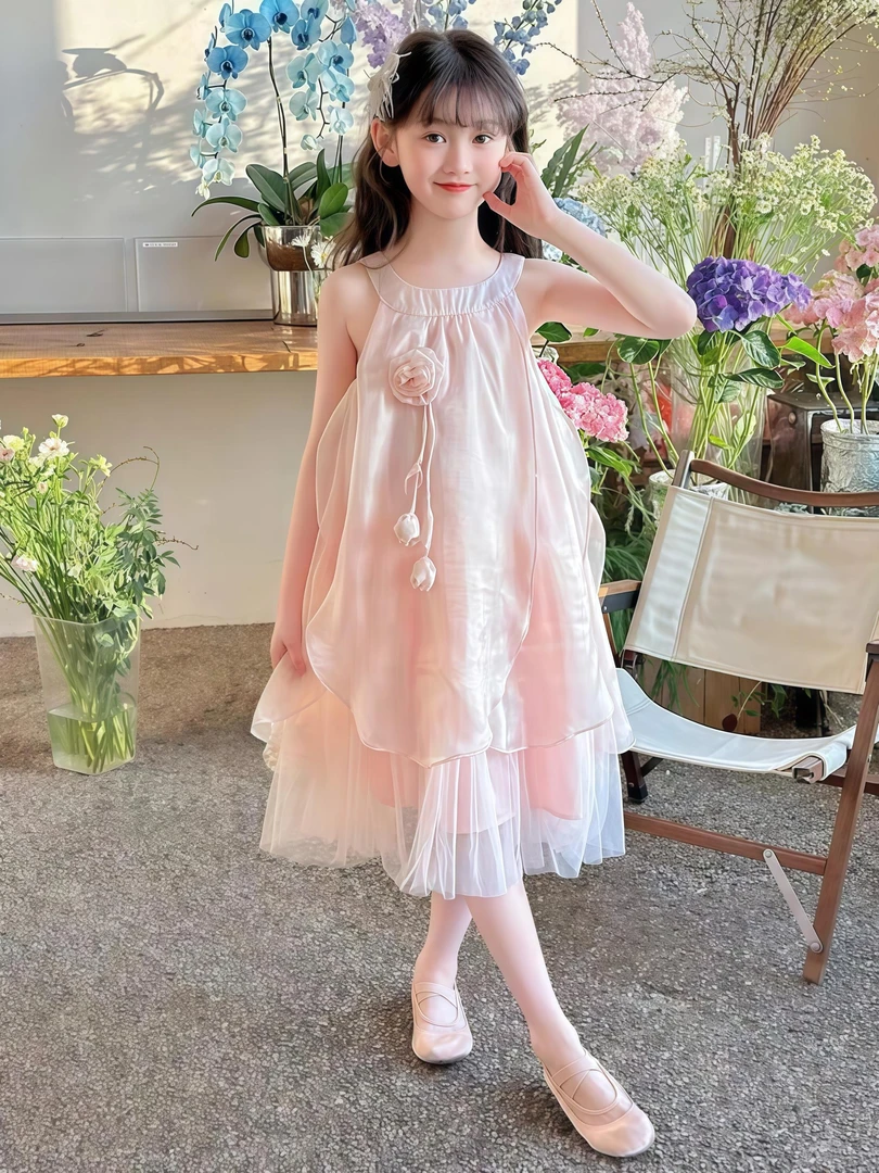 【暑期特卖】新款玫瑰粉连衣裙大童儿童洋气女装/女童裙子/夏季无袖