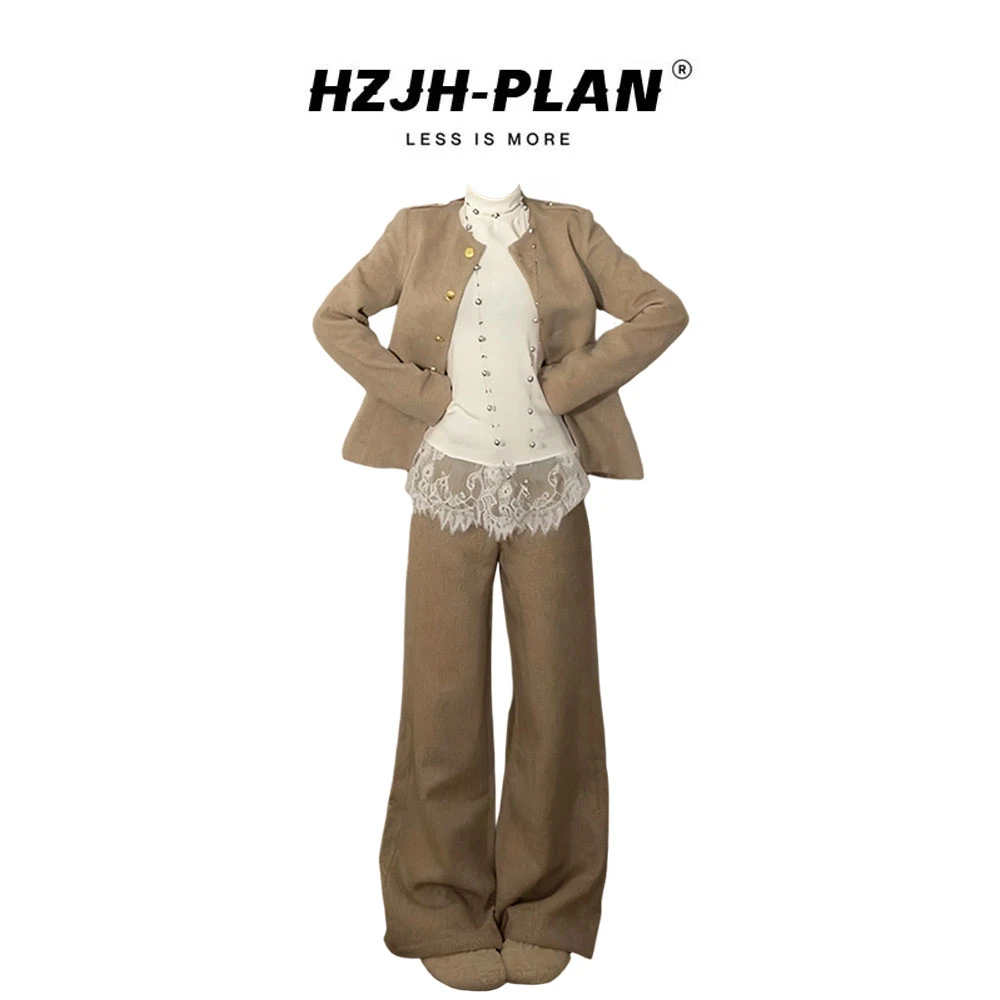 老钱风女装新款时尚长袖毛呢外套蕾丝打底衫休闲裤洋气百搭三件套