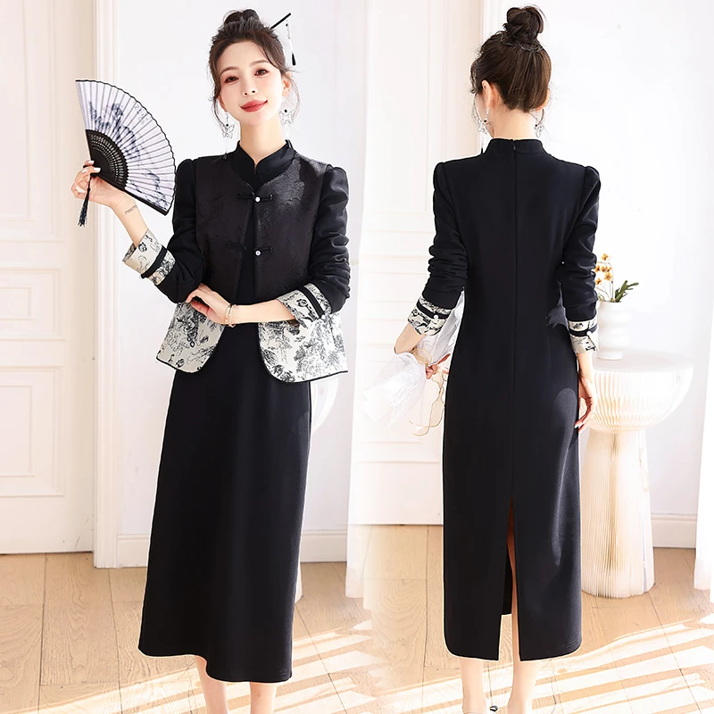新中式国风改良旗袍套装2026春秋新禅意连衣裙两件套女装洋气时髦