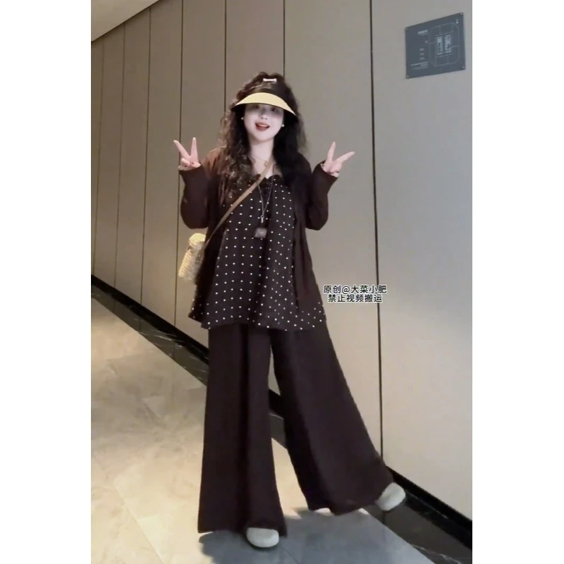 大码复古波点抹胸吊带防晒开衫显瘦阔腿裤三件套女2011#