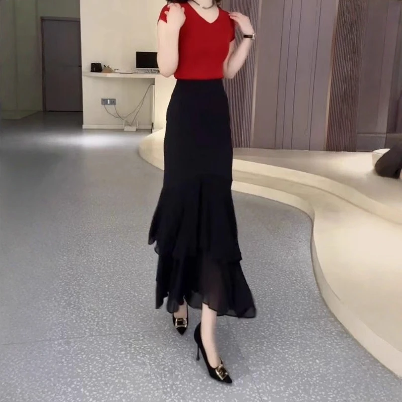 黑色不规则鱼尾半身裙女2025夏季新款高腰显瘦宽松时尚百搭休闲裙