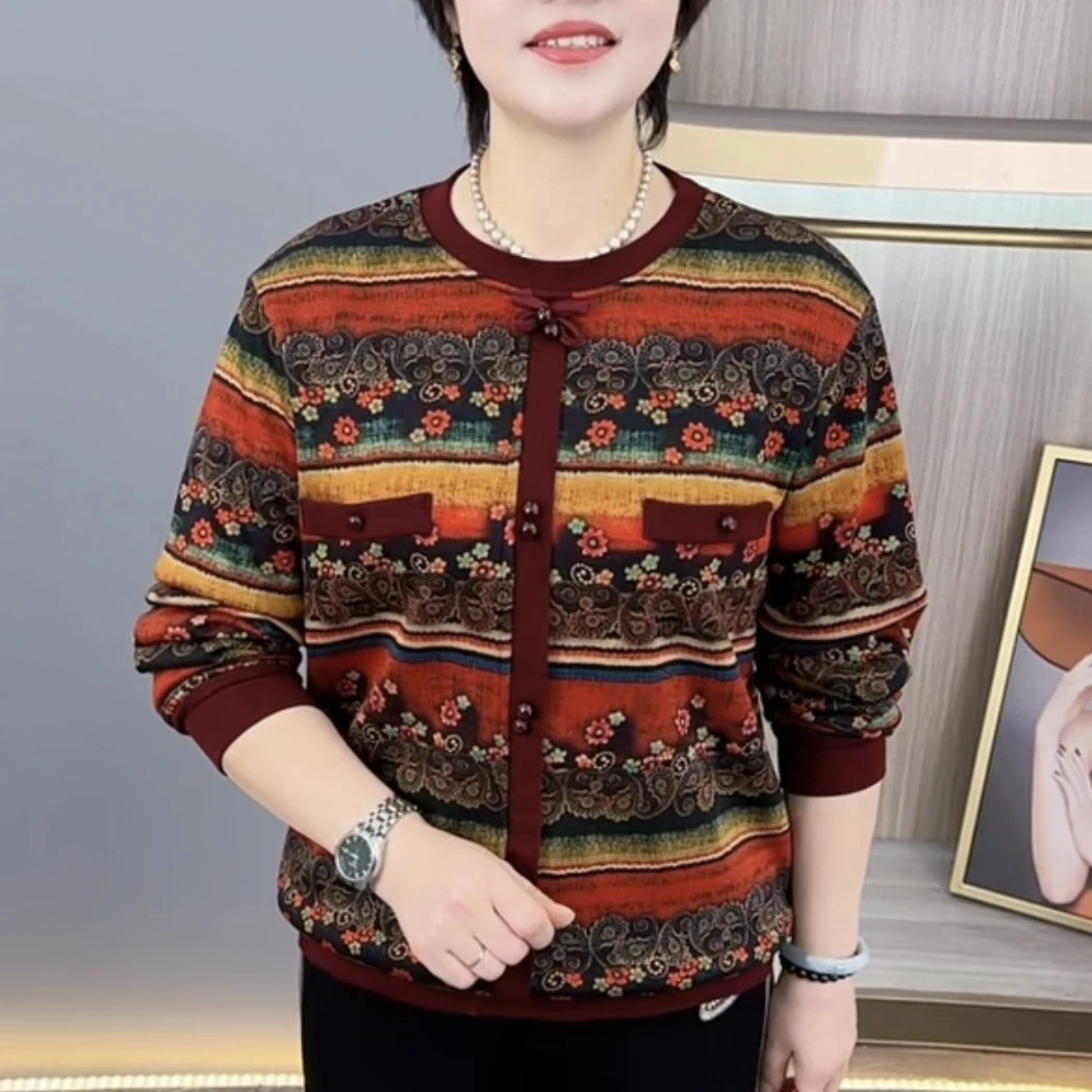 冬季新款时尚印花加绒中老年气质妈妈装宽松减龄百搭休闲上衣H925