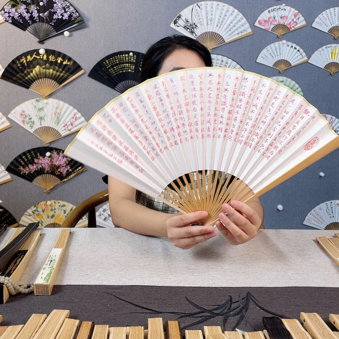 国画95寸水磨玉竹纯手绘-文玩扇骨（默认粘好）