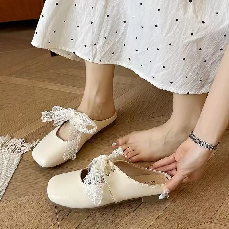 522韩版轻奢蕾丝蝴蝶结半拖