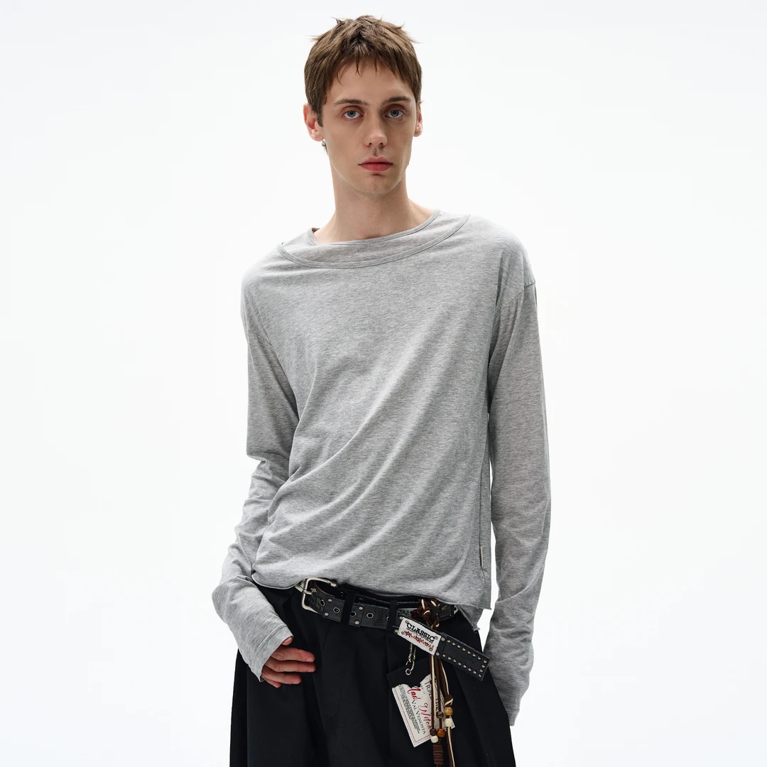 MADWITCH美式简约双层领长袖T恤男女休闲百搭vibe高智感薄款上衣